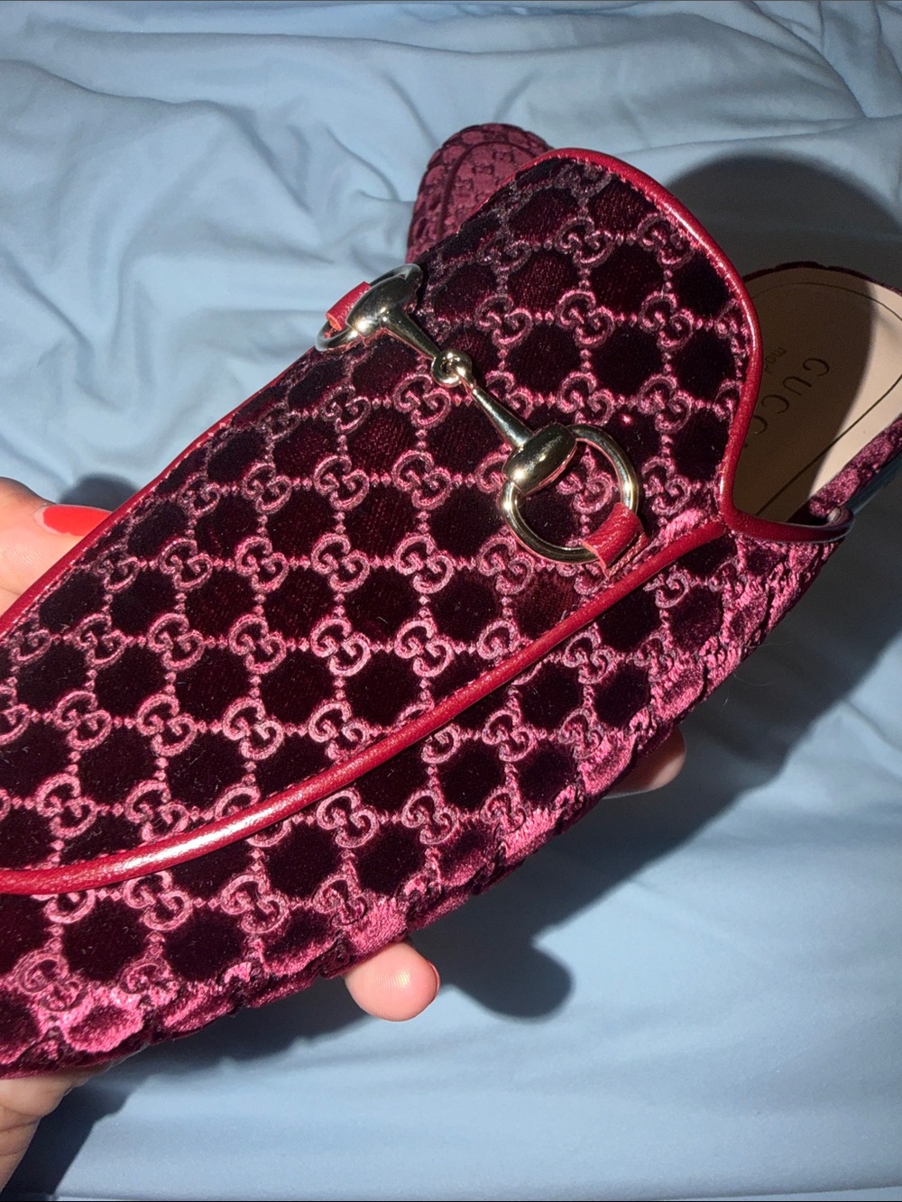 Gucci Burgundy Velvet GG Horsebit Mules - Picture 5 of 7
